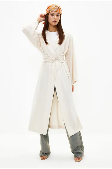 Linen Look Woven Kimono & Kaftan with Stone Waist Tie Detail