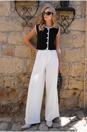 Women's Black Crew Neck Crochet Buttoned Front Vest