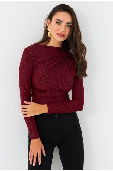Women's Burgundy Patterned Drawstring Top