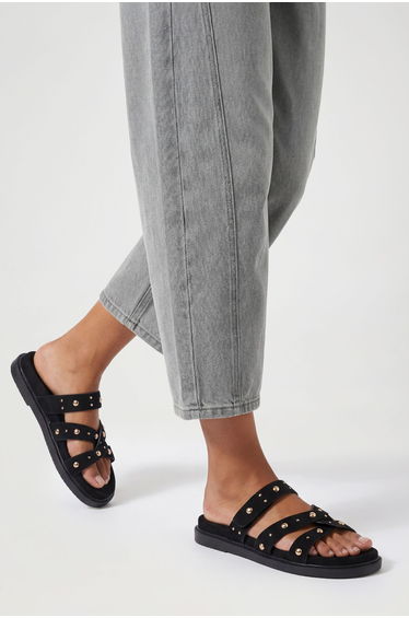 Wide Fit Faux Suede Stud Detail Footbed Sliders - black