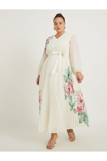 Plus Size Floral Print Pleated A-Line Maxi Dress