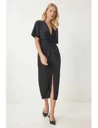 Women's Black Crinkle Effect Knotted Midi Dress - 1