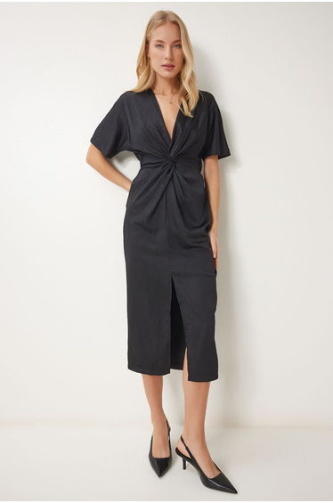 Women's Black Crinkle Effect Knotted Midi Dress