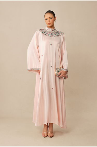 Quiet Luxury Pink Rhinestone Collar Long Sleeve Maxi Dress