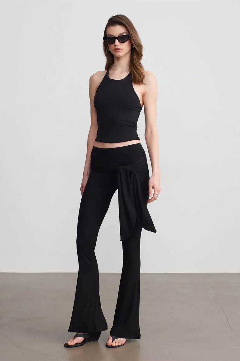 Dilvin High-Waist Flare Jersey Pants With Tie Detail