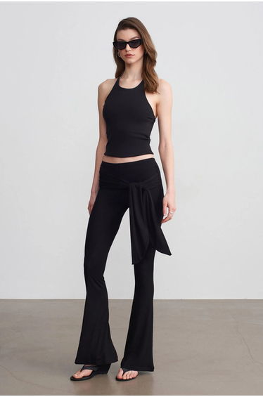 Dilvin High-Waist Flare Jersey Pants With Tie Detail