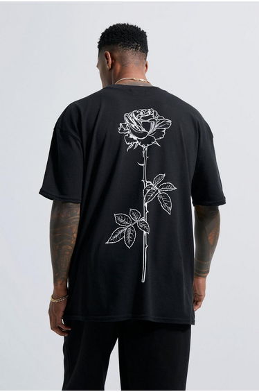 Line Drawn Rose Stem Print T-shirt - black
