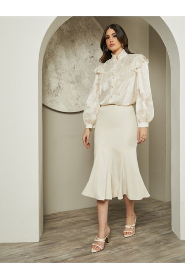 Jacquard Balloon Sleeve Blouse with Ruffle Detail