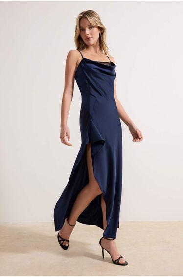 Navy Blue Plain Lace Detailed Woven Satin Midi Unlined Stylish/Evening Dress