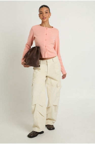 Stripe Button Through Long Sleeve Top - peach