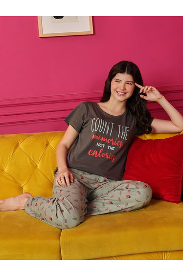 Grey Text Print Cotton T-Shirt and Printed Pyjama Set