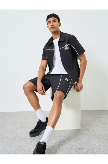 Men Black Graphic Zip-Up Jacket and Shorts Co-Ords