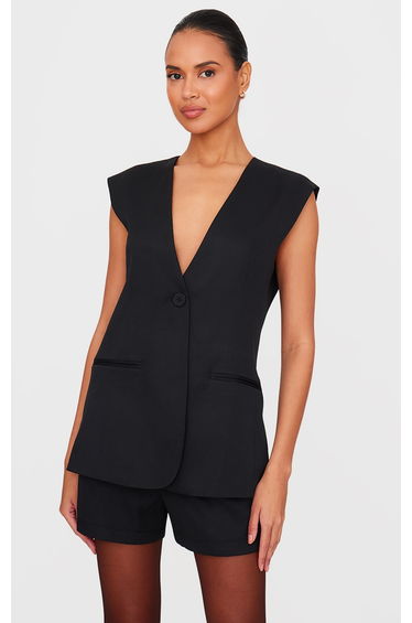 Black Premium Tailored Woven Longline Waistcoat