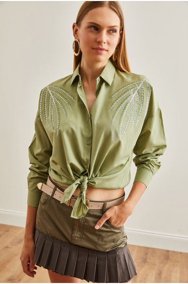 Women's Mold Green Palm Tree Detailed Woven Shirt