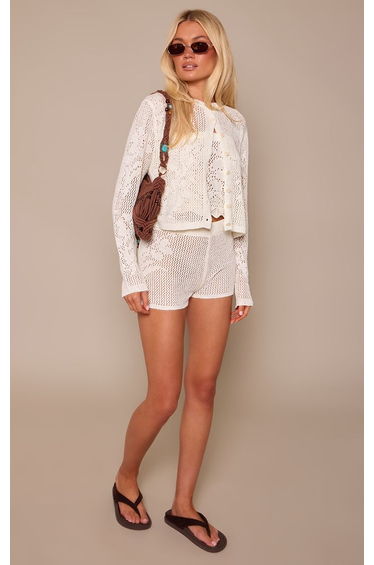 Cream Doily Crochet Knit Mini Shorts