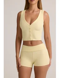 Modal Ribbed Mid-Rise Foldover Shorts in ButterCream Yellow - 3