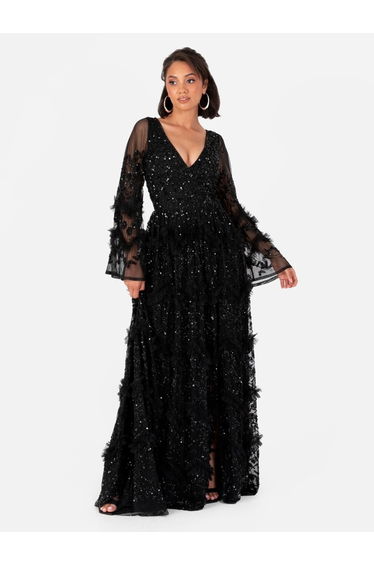 Maya Black Fully Embellished Maxi Dress with Frill Detail