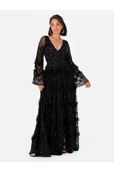 فستان ماكسي مزين بأحجار - أسود بكشكش