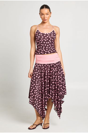 Polka Dot Contrast Fold Over Waistband Midi Skirt - chocolate