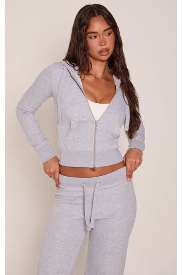 Grey Marl Fitted Zip Up Loopback Hoodie