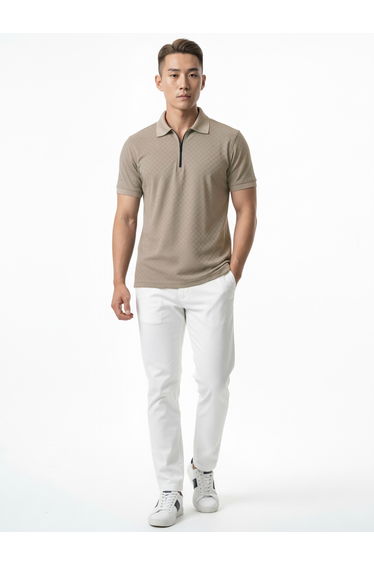 Men Beige Knitted Polo with Zipper