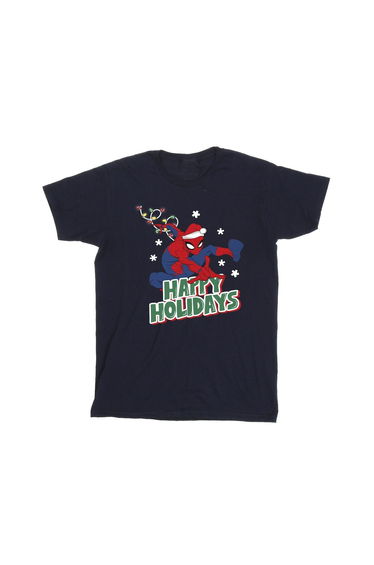 Spider-Man Girls Happy Holidays Cotton T-Shirt - Navy Blue