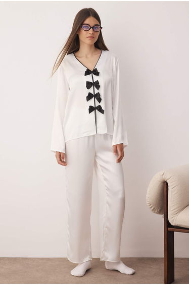 White Plain Ribbon Satin Woven Pajama Set