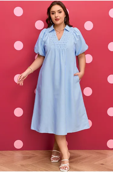 Lvness Plus Size Sky Blue Stripe Shirred Detail Collar V Neck Midi Dress