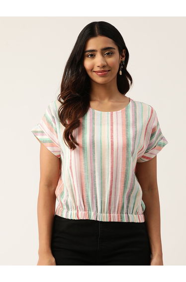 Women Striped Extended Sleeves Pure Cotton Top