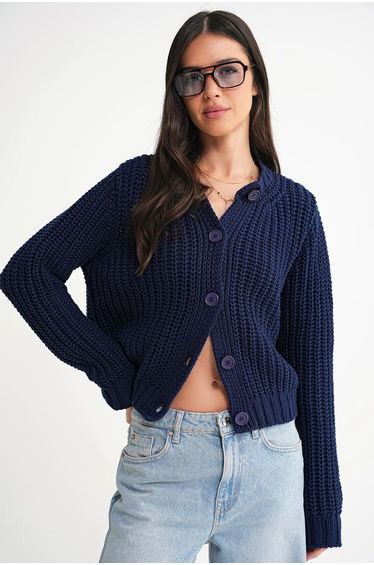 Mixray Textured Ribbed Knit Cardigan with Buttons