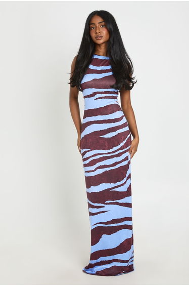 Slash Neck Animal Super Soft Maxi Dress - chocolate