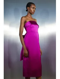 Tailored Italian Satin Bandeau Structured Bow Detail Midi Dress