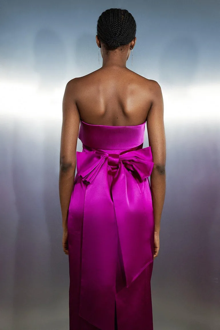 Tailored Italian Satin Bandeau Structured Bow Detail Midi Dress - 2