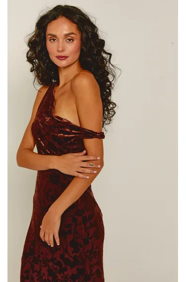 Chocolate Fallen Shoulder Burnout Dress