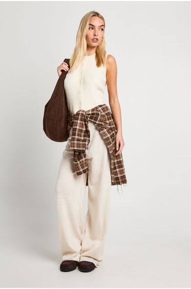Super Soft Rib Knitted Waistcoat and Wide Leg Trouser Co-Ord - ecru