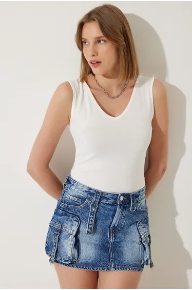 Women Ecru Deep Front Back V Neck Viscose Top