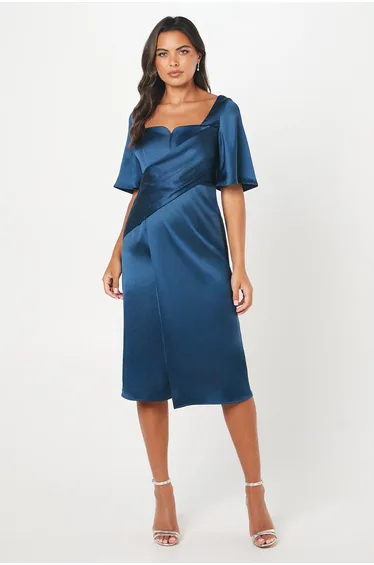 Satin Wrap Waist Flutter Sleeve Midi Dress