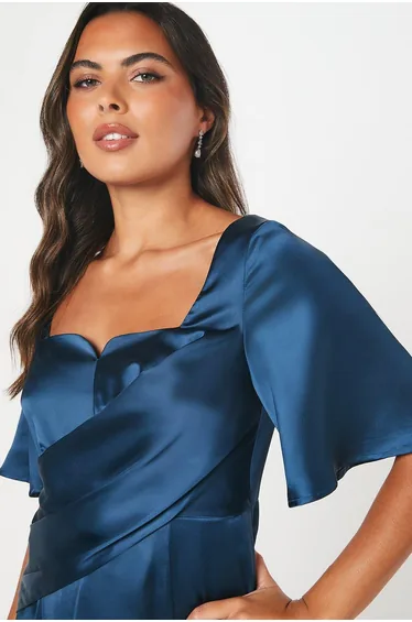 Satin Wrap Waist Flutter Sleeve Midi Dress