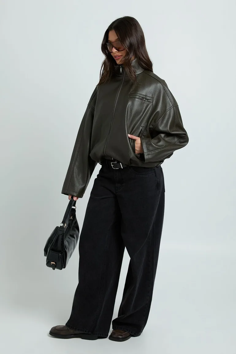 Pebbled Faux Leather Funnel Neck Hem Detail Bomber Jacket - khaki - 2