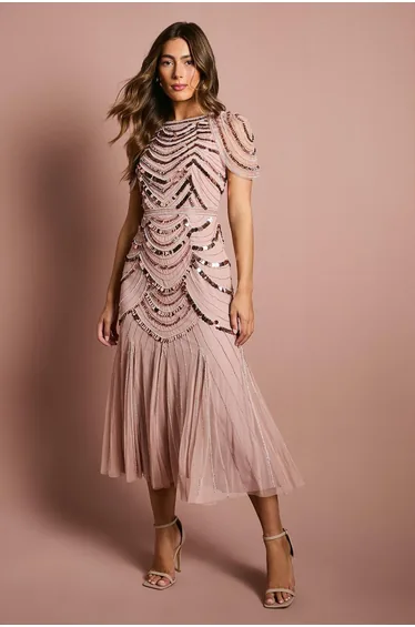 Cape Shoulder Embellished Midi Dress