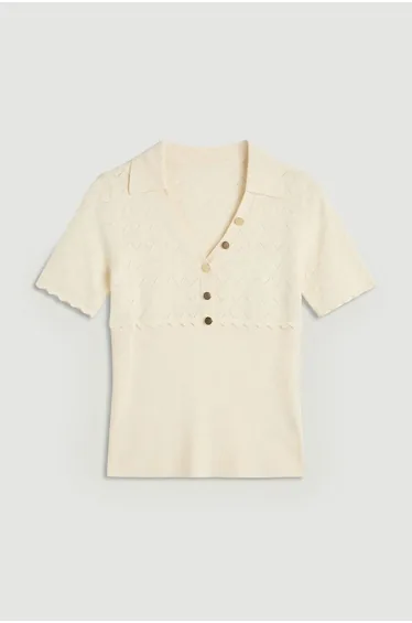 Plus Size Knit Stitch Detail Rib Collared Short Sleeve Top