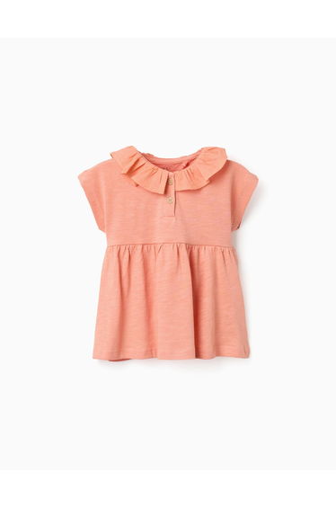 Cotton T-shirt with ruffled collar for baby girls salmon orange