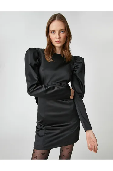 Black Satin Column Mini Party Dress with Long Sleeves