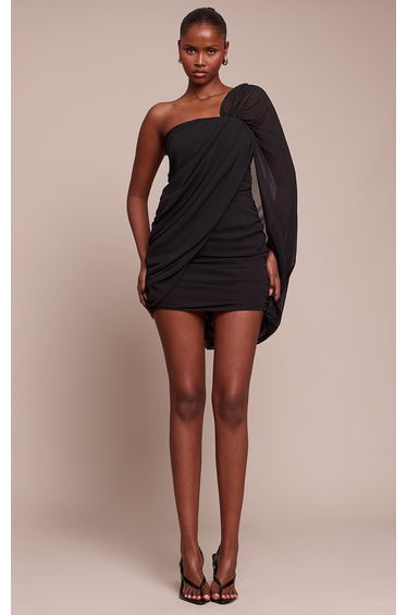 Black Chiffon Ruched One Sleeve Mini Dress