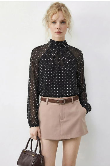 LUCCI Polka Dot Turtleneck Chiffon Blouse