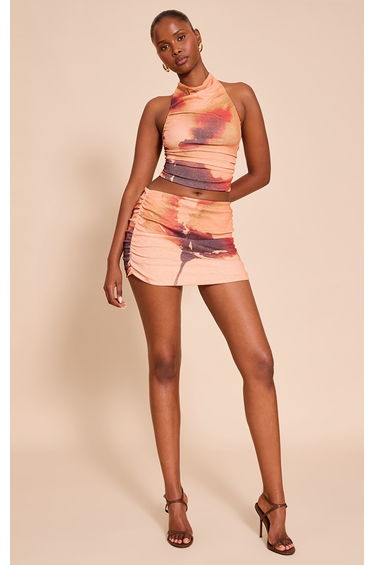 Multi Abstract Print Onion Skin Ruched Mini Skirt