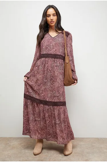 Printed lace Detail Chiffon V Neck Midaxi Dress