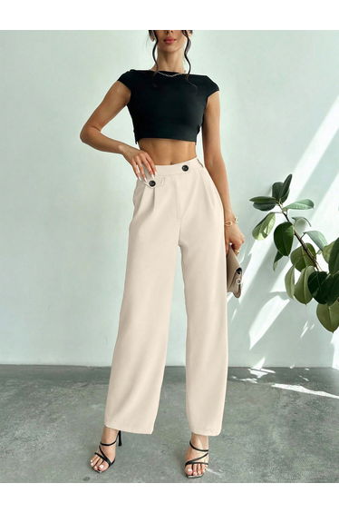 Off White Wide Leg Trousers with Button