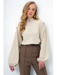 Women's Beige Judge Collar Front Buttoned Balloon Sleeve Textured Shirt Blouse - 4