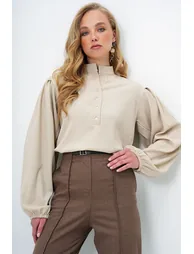 Women's Beige Judge Collar Front Buttoned Balloon Sleeve Textured Shirt Blouse - 3